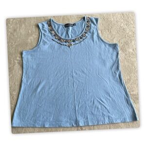 Elementz XL Blue Sleeveless Top Beaded Neck Cotton Tank Blouse Women
